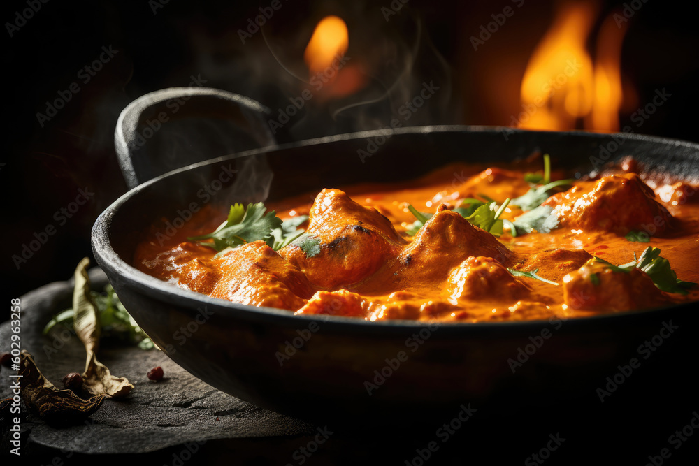 Indian steaming bowl of chicken tikka masala. AI generated Indian steaming bowl of chicken tikka masala. AI generated