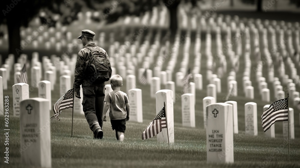 back view of father in military uniform holding hands with daughter near american flags with memorial day illustration - obrazy, fototapety, plakaty 