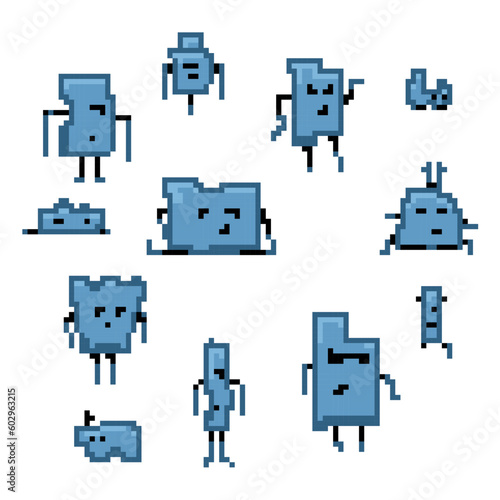 Set of funny stickers with characters in pixel art style
