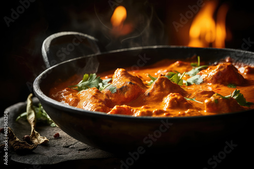 Indian steaming bowl of chicken tikka masala. AI generated
