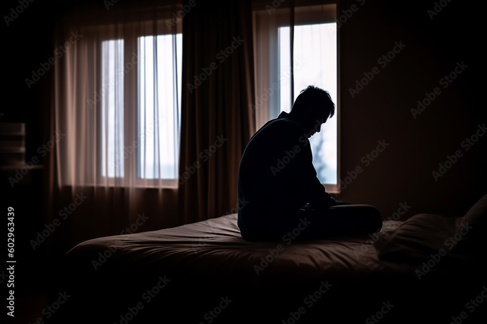 Man with depression or insomnia sits on bed in dark room - Theme Depressed, Fatique Syndrome, Insomnia - Generative AI