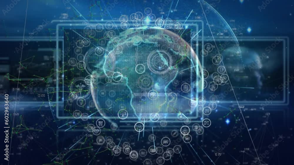 Animation of light trails and network of digital icons over spinning globe against blue background Animation of light trails and network of digital icons over spinning globe against blue background