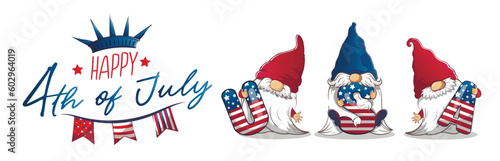 Long banner for July 4th Independence Day with cute patriotic leprechauns holding capital letters USA