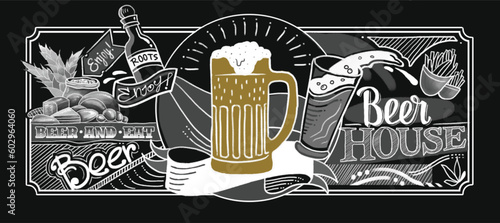 beer sketch vector illustration. poster with a beer. retro illustration. classic illustrattion mug beer glass. cafe and bar