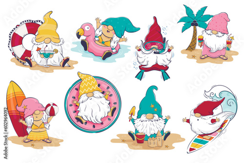 Clipart bundle with cartoon gnomes on the beach and in the pool. Leprechauns play ball, swim, dive, surf, drink cocktails, build sand castles.
