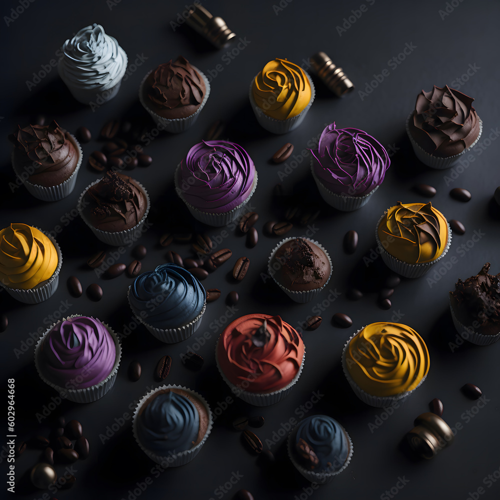 Obraz premium Set of Delicious Colorful Cupcakes with Sprinkles, Candies, Fruits and More - Generative AI