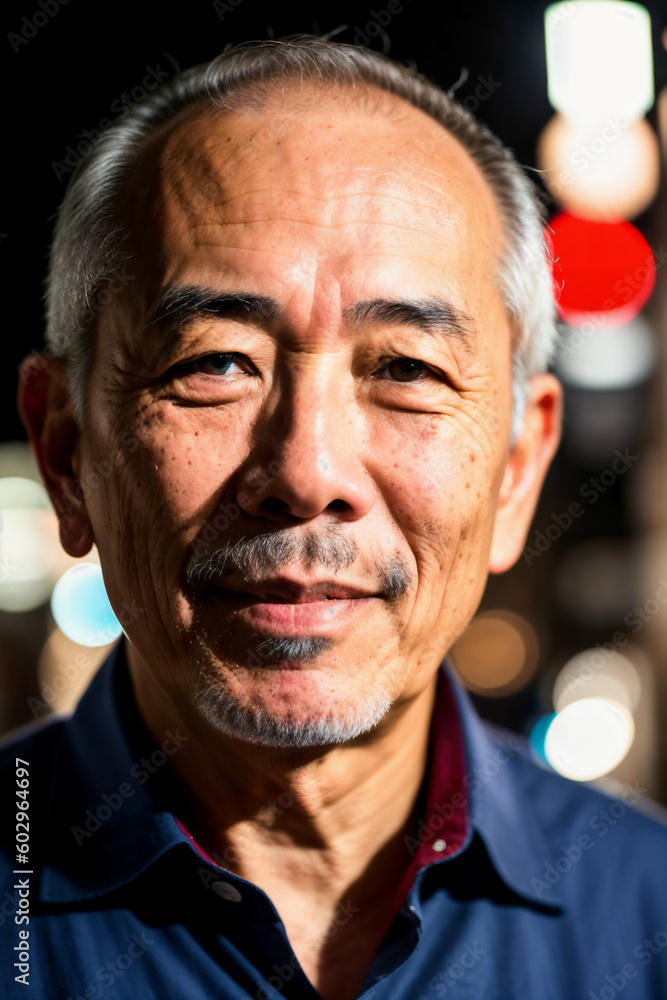 Portrait of a well-dressed Japanese businessman, between 50 and 60 years old, in the street, at night. AI Generative.