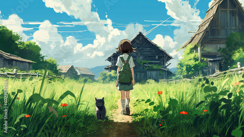 Girl with pet in anime style