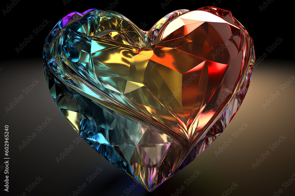 Gem heart shaped. Heart shape made by gemstone. Multicolored gem in shape of heart. Love concept. Generative AI.
