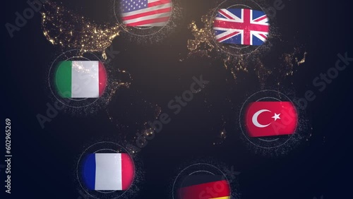 Balloons with the flags of Germany France Italy Turkey Great Britain and the USA against the background of a night globe with luminous continents from which the information field diverges. Cg photo
