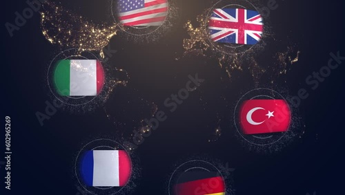 Balloons with the flags of Germany France Italy Turkey Great Britain and the USA against the background of a night globe with luminous continents from which the information field diverges. Cg