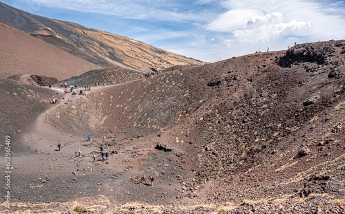 View of the Silvestri craters, two inactive volcano craters located at 1900 m ASL, below the top of Mount Etna volcano, easily accessible, the most visited parts  of the volcano, Sicily, Italy.