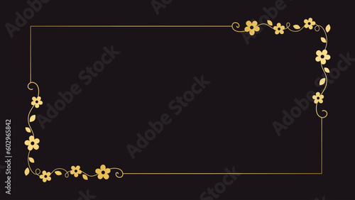 Gold floral rectangle frame. Simple line border, leaves and flowers, wedding invitation and cards, logo design and posters template. Elegant minimal style floral vector isolated