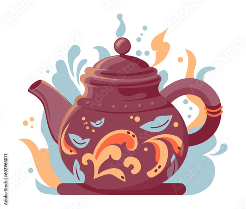 Ceramic teapot with pattern. Cartoon vector illustration