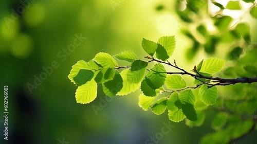 fresh green leaves in spring and bokeh background, green leaves background, green leaves on a branch, green leaves on a day, green leaves in sunlight, Generative AI