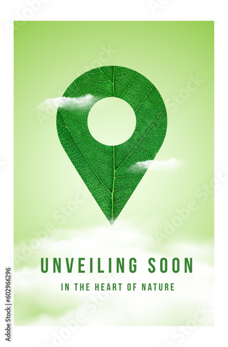 Unveiling soon, Nature Homes Concept, Green Leaf Location Pin, Icon, Luxury Real Estate, Urban Buildings, Concrete jungle