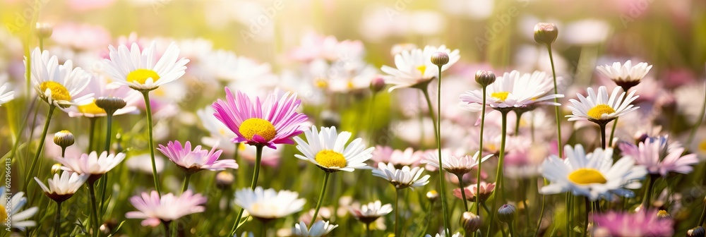 Meadow with lots of white and pink spring daisy flowers in sunny day, flowers in the grass, field of daisies, field of flowers, white and purple flowers, Generative AI