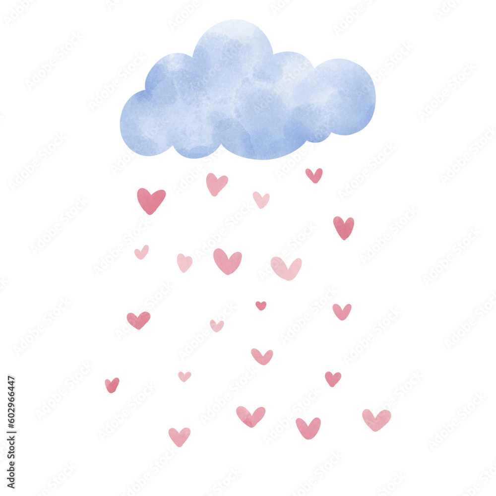 Hand drawn love cute rain heart with cloud element illustration. Love and wedding concept.