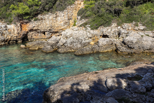 Turquoise Adriatic Sea with Rocks in Pula Nature. Clear Water with Stony Landscape during Summer Sunny Day in Croatia.
