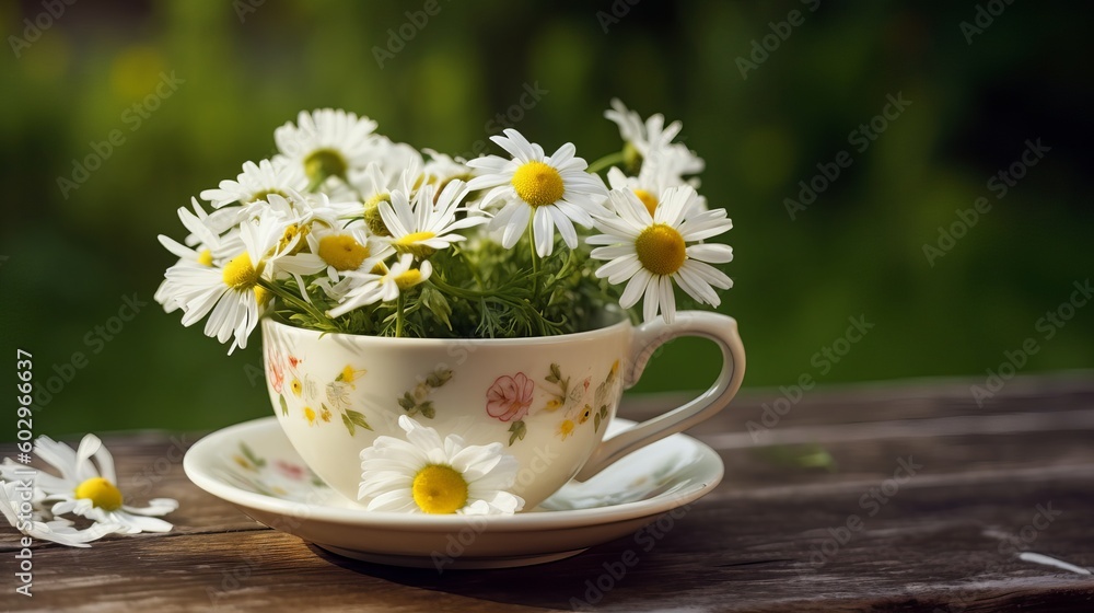 Spring - Chamomile Flowers In Teacup On Wooden Table In Garden, daisies in a cup, chamomile flowers in a cup, flowers in a cup, cup of tea with flowers, cup of tea with flowers, Generative AI Spring - Chamomile Flowers In Teacup On Wooden Table In Garden, daisies in a cup, chamomile flowers in a cup, flowers in a cup, cup of tea with flowers, cup of tea with flowers, Generative AI