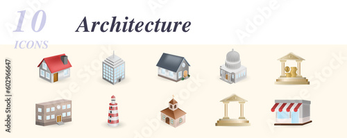 Architecture set. Creative icons: home, office, villa, goverment, bank, school, lighthouse, church, museum, shop.