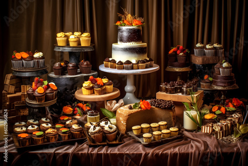 A table full of chocolate products such as cakes  cupcakes  chocolate bars  chocolate fountain and others. Dark food photography. Created with generative AI technology