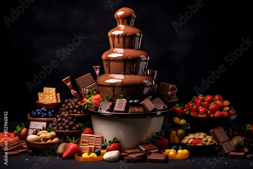 A table full of chocolate products such as cakes, cupcakes, chocolate bars, chocolate fountain and others. Dark food photography. Created with generative AI technology