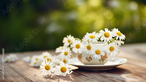 Spring - Chamomile Flowers In Teacup On Wooden Table In Garden, daisies in a cup, chamomile flowers in a cup, flowers in a cup, Generative AI