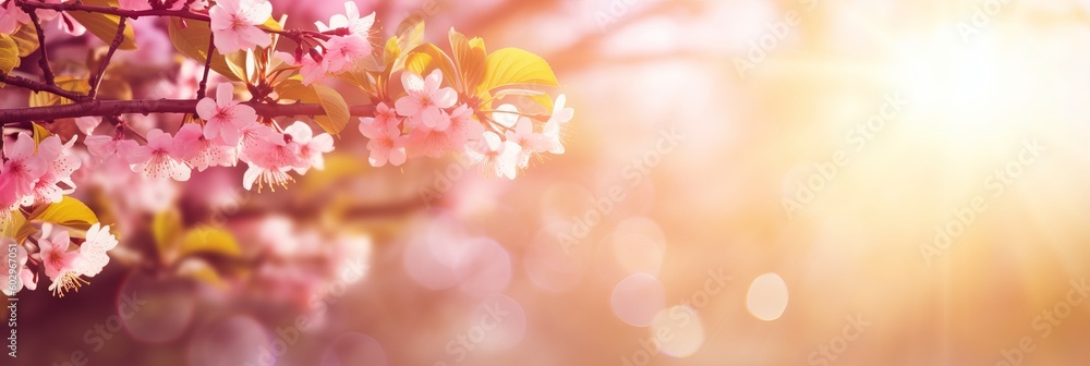 Spring border or background art with pink blossom. Beautiful nature scene with blooming tree and sun flare, blossom in spring, pink cherry blossoms, background with flowers, Generative AI