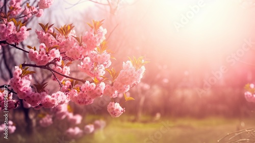 Spring border or background art with pink blossom. Beautiful nature scene with blooming tree and sun flare, blossom in spring, pink cherry blossoms, blossom in spring, Generative AI