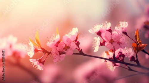 Spring border or background art with pink blossom. Beautiful nature scene with blooming tree and sun flare  blossom in spring  pink cherry blossoms  blossom in spring  Generative AI