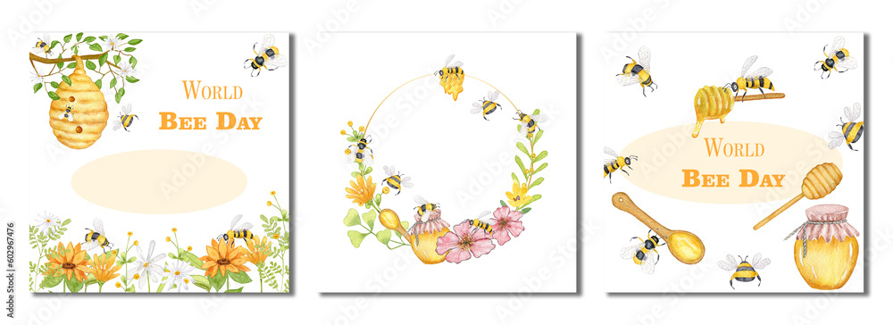 World Honey Bee Day. Set Watercolor card, banner, poster with bees, flowers, jar of honey and beehive. The illustration is hand drawn.