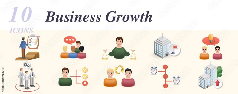 Business growth set. Creative icons: advancement planning, consultative for the team, decision making, organization goal, collaborative resolution, performance team, decision maker, interpersonal