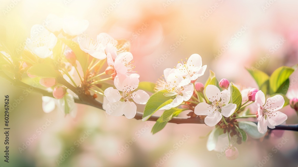 Beautiful cherry tree with tender flowers. Amazing spring blossom, pink cherry blossom, spring background, Generative AI
