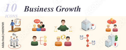 Business growth set. Creative icons: advancement planning, consultative for the team, decision making, organization goal, collaborative resolution, performance team, decision maker, interpersonal