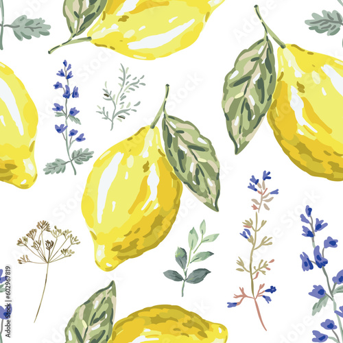 Lemon fruits, herbs, green leaves, white background. Vector illustration. Seamless pattern. Summer design. Italian сuisine