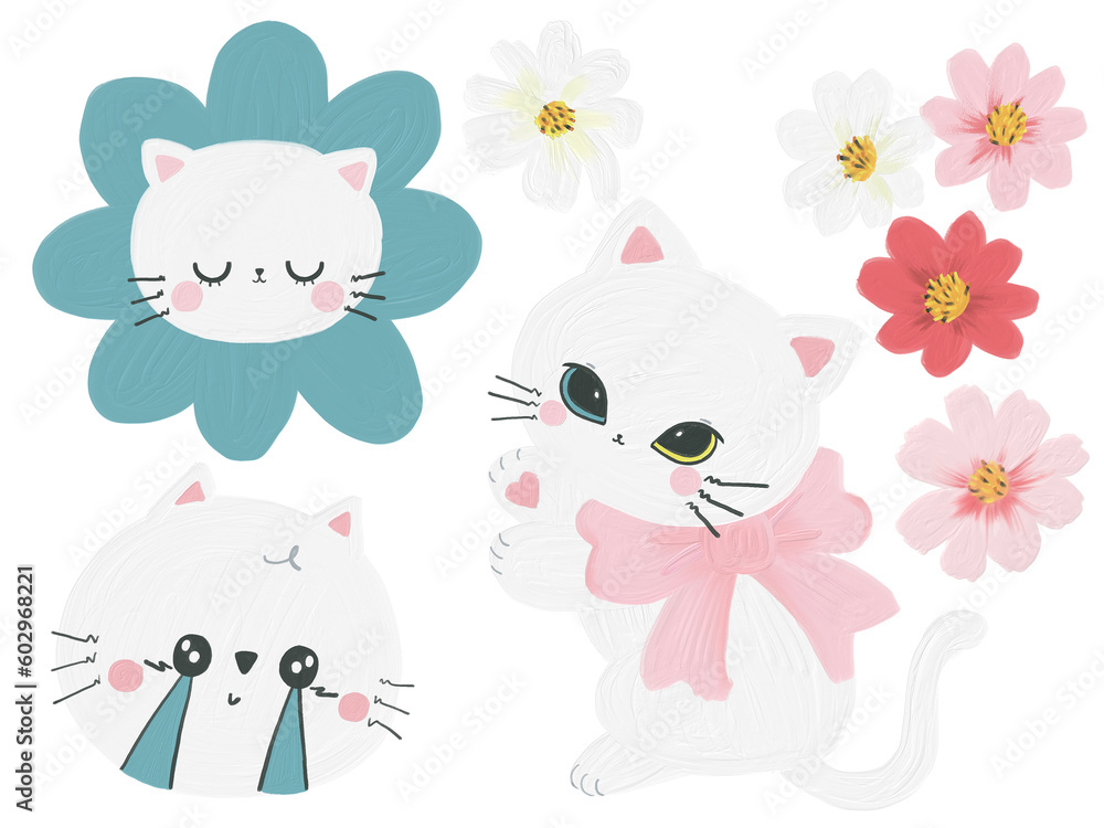 Cute White cat character kawaii pretty style doodle emotion objects element on white Cute White cat character kawaii pretty style doodle emotion objects element on white