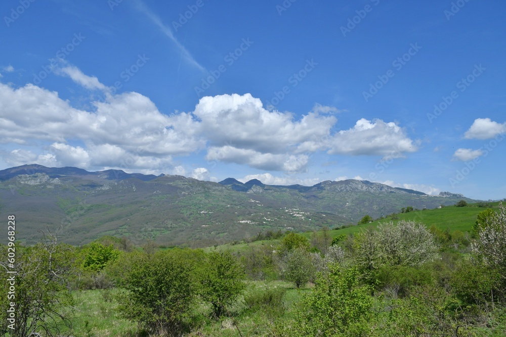 View of the landscape around Pescopennataro, a small town in the mountains of Molise, Italy.