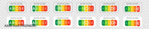 Nutri-Score labels with classification letters on transparent background. Nutritional quality of foods stickers used in Europe products rating system. Vector flat illustration