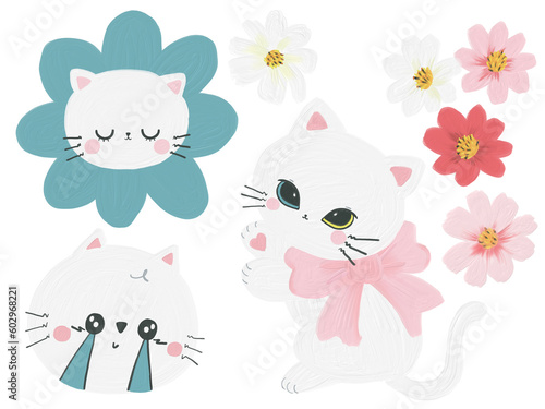 Cute White cat character kawaii pretty style doodle emotion objects element on white