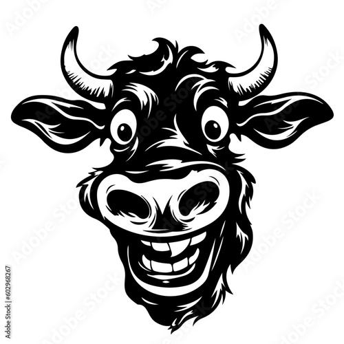 Funny animal portrait smbol for logo vector illustration - Black silhouette of head of laughing smiling cow, isolated on white background (Generative AI)
