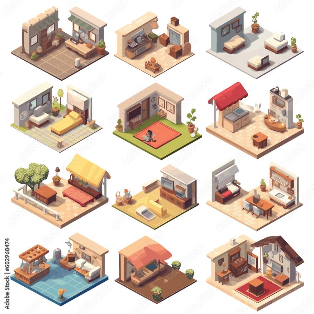 Rooms set isometric vector tile isolated