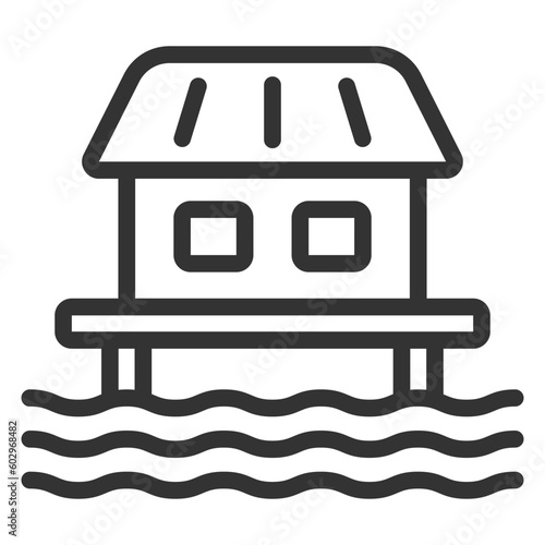 House on stilts over water  - icon, illustration on white background, outline style