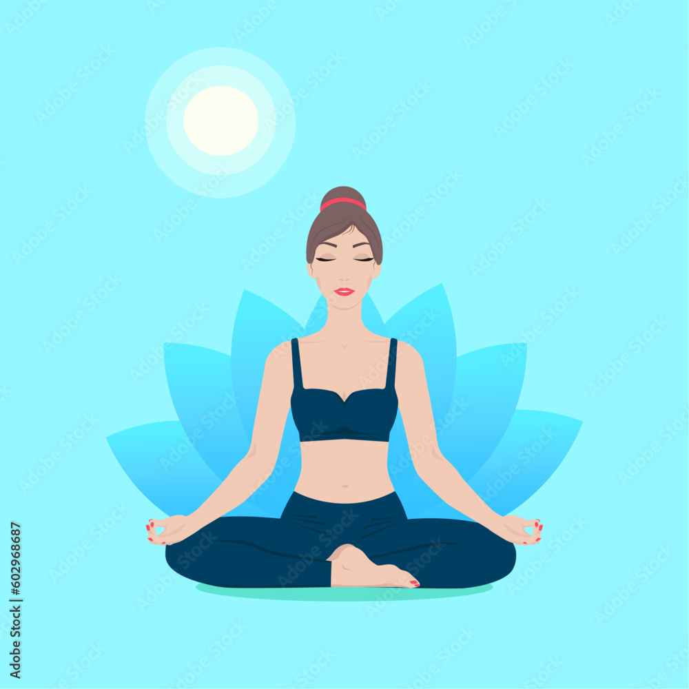 Young woman in lotus position practicing yoga, meditating. Color vector illustration in flat style.	