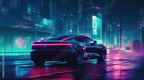 Shiny futuristic sports car on a blurred cyberpunk city street background with bright neon lights. Bokeh effect. Future concept. Generative AI