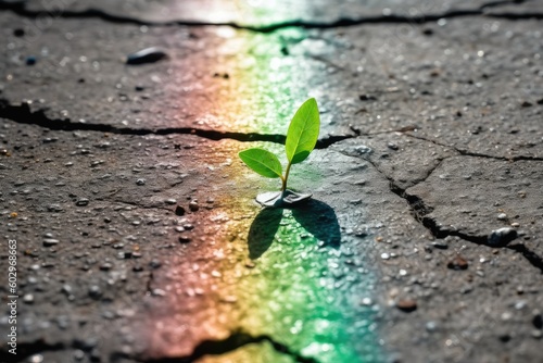 A young green sprout makes its way through a crack in the asphalt. World environment day. Generative ai
