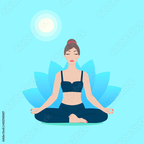 Wallpaper Mural Young woman in lotus position practicing yoga, meditating. Color vector illustration in flat style.	 Torontodigital.ca