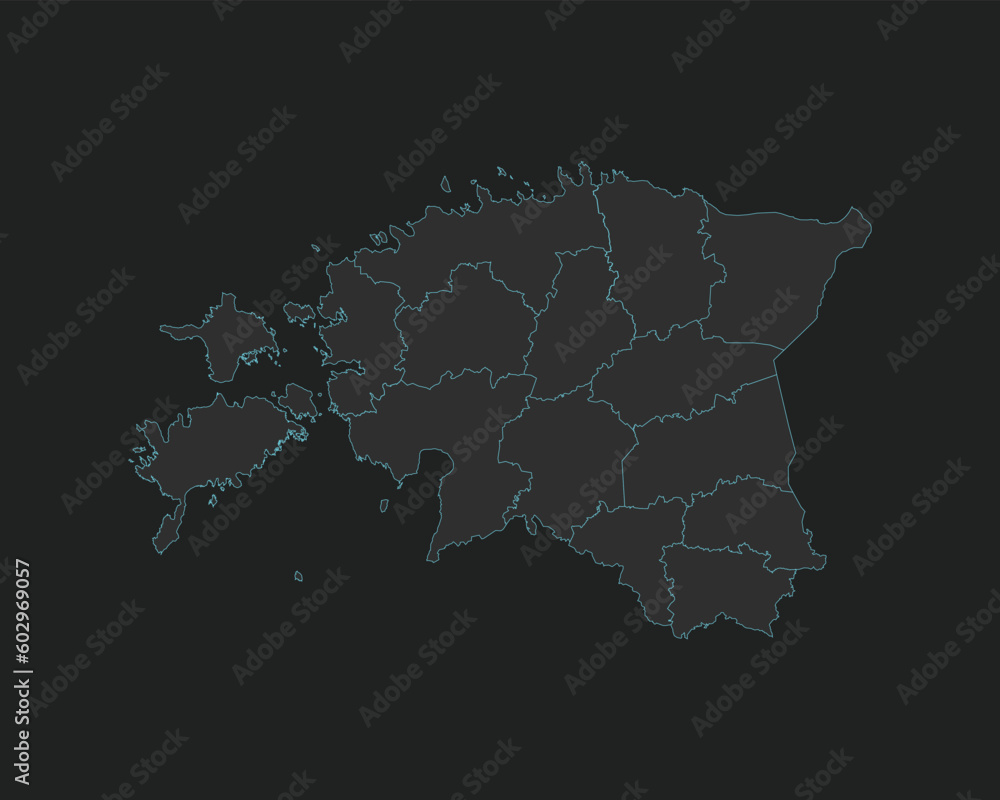 High quality vector Map of Estonia. Editable illustration in detail with borders of the regions. Isolated on dark grey background with light blue color.