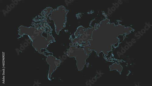 High quality vector World Map. Editable illustration in detail with borders of the regions. Isolated on dark grey background with light blue color.