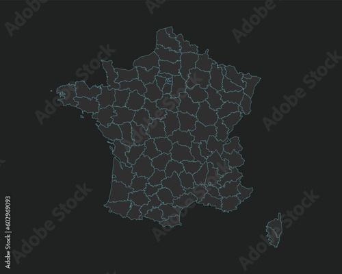 High quality vector Map of France. Editable illustration in detail with borders of the departments. Isolated on dark grey background with light blue color.